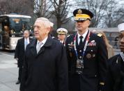 Defense Secretary-designate James Mattis arrives for church service at St. John’s Episcopal Church across from the White House in Washington, Friday, Jan. 20, 2017, on Donald Trump's inauguration day. (AP Photo/Alex Brandon)