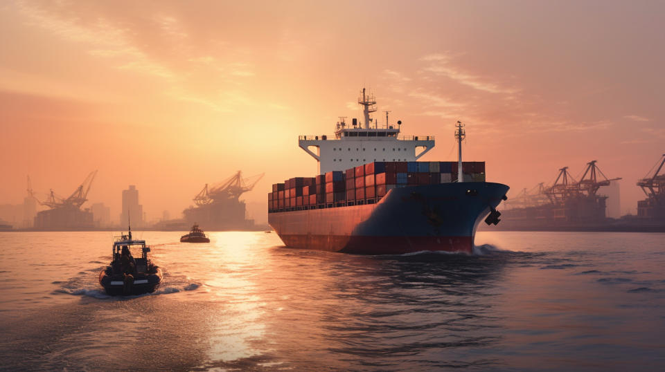 A hugh vessel carrying hundreds of containers passing by a small fishermen boat.