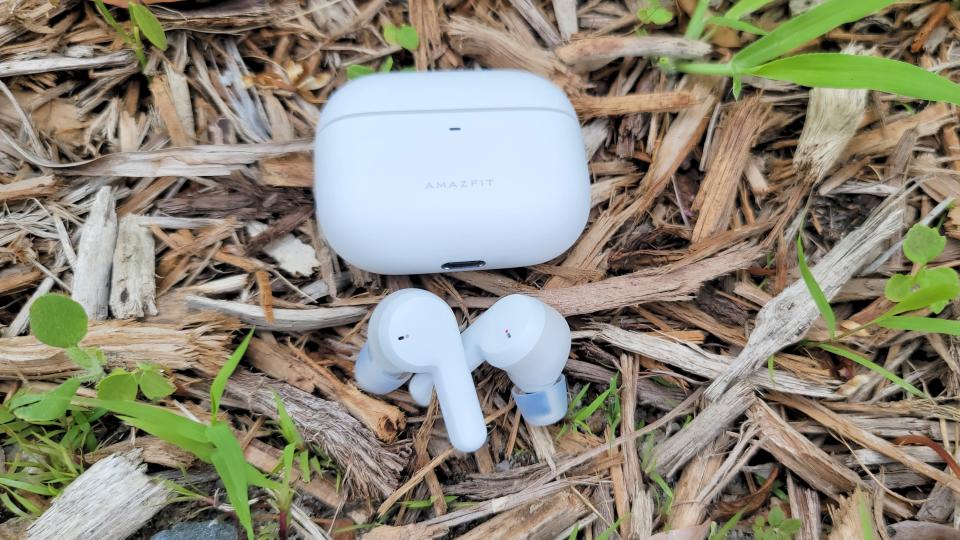 The Amazfit PowerBuds Pro displayed on a bed of wood chips