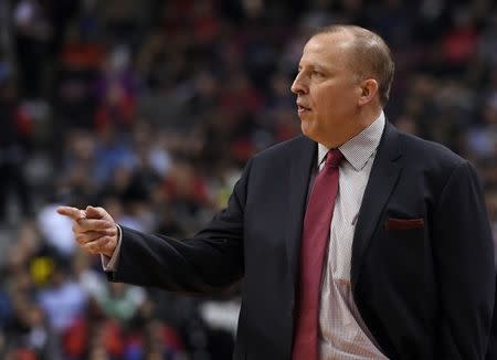 Oct 24, 2018; Toronto, Ontario, CAN; Minnesota Timberwolves head coach Tom Thibodeau gestures as he speaks to his players in the first half against Toronto Raptors at Scotiabank Arena. Mandatory Credit: Dan Hamilton-USA TODAY Sports