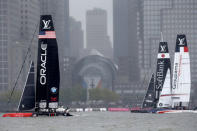 AC45F racing sailboats Oracle Team U.S.A (L) SoftBank Team Japan (C) and Groupama Team France (R) sail during practice racing ahead of the America's Cup World Series sailing event in New York, May 6, 2016. REUTERS/Mike Segar