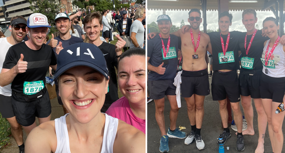 Left, four men and two women smile at the start of the half marathon in a selfie. Right, four men and one women smile side by side with their medals around their necks.