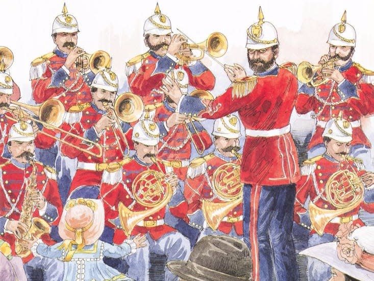 A sketch of the US Marine Band wearing red jackets and playing instruments