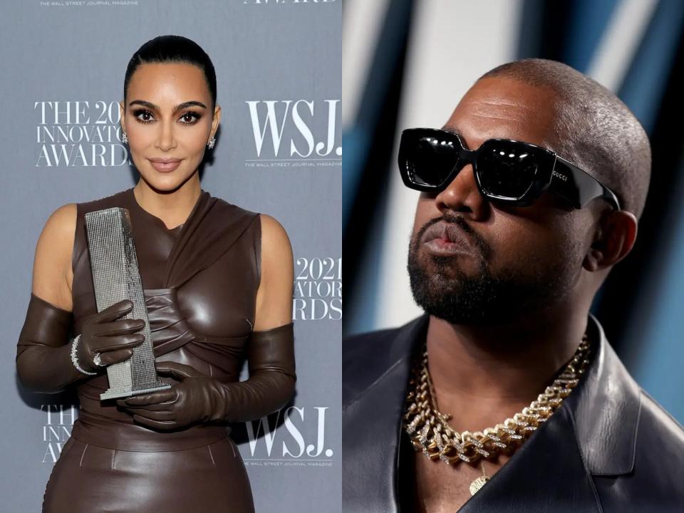 left: kim kardashian in a skin tight brown dress holding a wall street journal innovator award; right: kanye west wearing a large pair of sunglasses