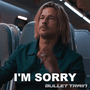 Brad Pitt saying "I'm sorry" in a scene from Bullet Train