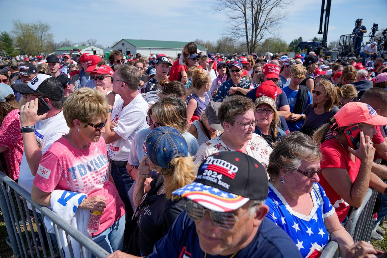 Apr 23, 2022; Delaware, Ohio, USA; Spectators wait for former President Donald Trump to hold a rally at the Delaware County Fairgrounds.