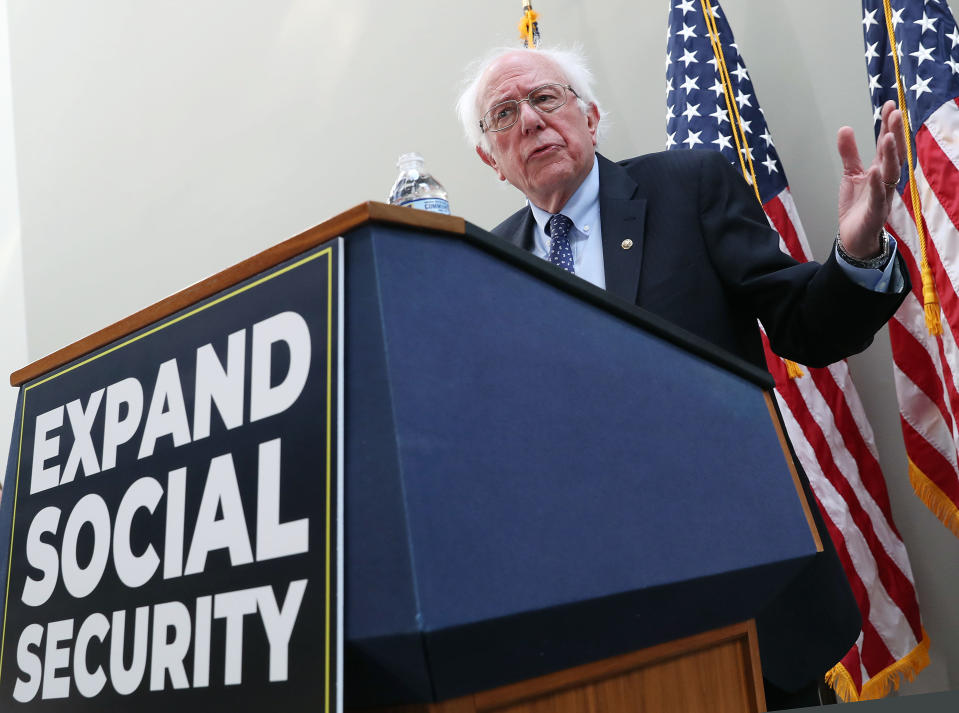 WASHINGTON, DC - FEBRUARY 13: Sen. Bernie Sanders (I-VT) speaks during a news conference to announce legislation to expand Social Security, on Capitol Hill February 13, 2019 in Washington, DC. Sen. Sanders proposal would contribute to Social Security with payroll taxes on income above $250,000. (Photo by Mark Wilson/Getty Images)