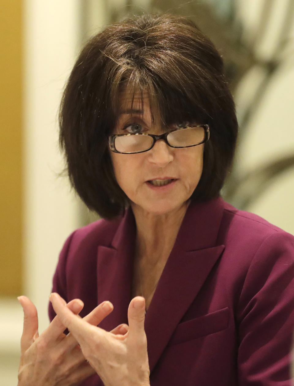 Denise Natali, U.S. Assistant Secretary Bureau of Conflict and Stabilization Operations, gestures during a news interview with a select group of journalists Tuesday, June 4, 2019 in suburban Mandaluyong city east of Manila, Philippines. Natali is here to discuss with Philippine security officials a new program to help thwart efforts by Muslim extremists to recruit and mobilize followers after a bloody siege by jihadists aligned with the Islamic State group. (AP Photo/Bullit Marquez)