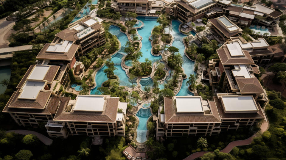 An aerial view of a hotel, its roofs and balconies spread out before a beautiful landscape.