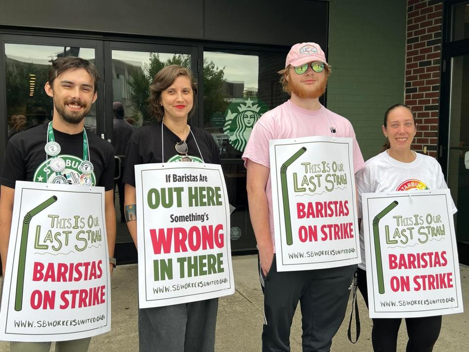 Starbucks baristas, from left, Jacob Roessler, Bailey Fulton, Evan Perron and Ali Irbing picketing on Monday morning in Worcester.