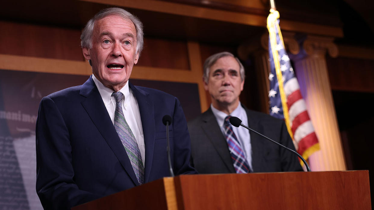 U.S. Sen. Ed Markey (D-MA) (L) and U.S. Sen. Jeff Merkley (D-OR) speak on infrastructure and climate protection at the U.S. Capitol on June 15, 2021 in Washington, DC. The two Senators spoke on the need to include green jobs and climate protection in the ongoing infrastructure negotiations.  (Photo by Kevin Dietsch/Getty Images)