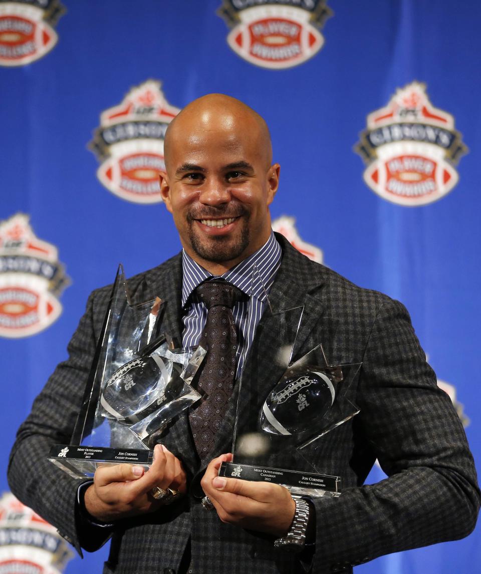 <b>Most Outstanding Canadian: Jon Cornish, RB, Calgary Stampeders<br> Cornish also won the top Canadian award after setting a new record for most rushing yards in a season by a Canadian.</b>