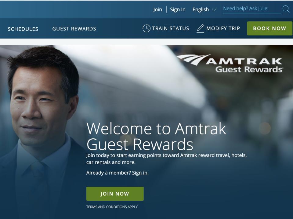 A screenshot of the rewards program on the Amtrak website