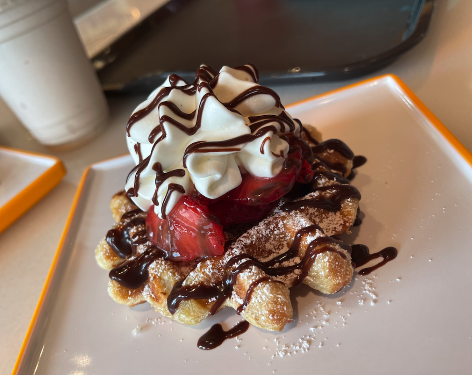 The Liege Waffle at Connections Eatery is topped with strawberries, chocolate sauce and whipped cream. (Photo: Josie Maida)