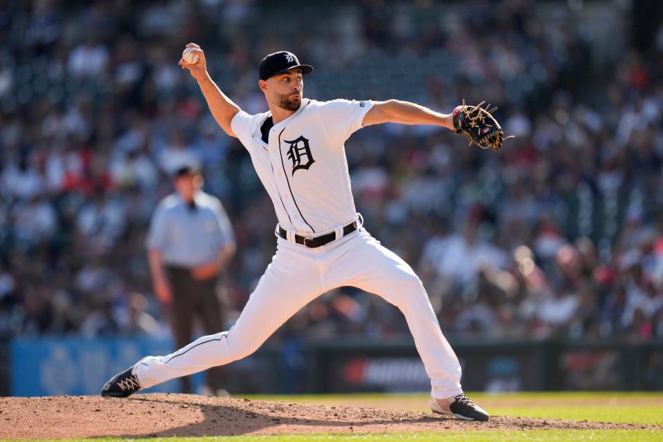 Detroit Tigers pitcher Brenan Hanifee throws against the Cleveland Guardians in the ninth inning at Comerica Park in Detroit on Saturday, Sept. 30, 2023.