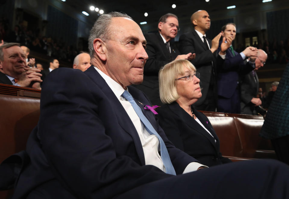 <p>Senate Minority Leader Chuck Schumer, D-N.Y., listens next to Sen. Patty Murray, D-Wash., during Trump’s first State of the Union address on Jan. 30. (Photo: Win McNamee/Reuters) </p>