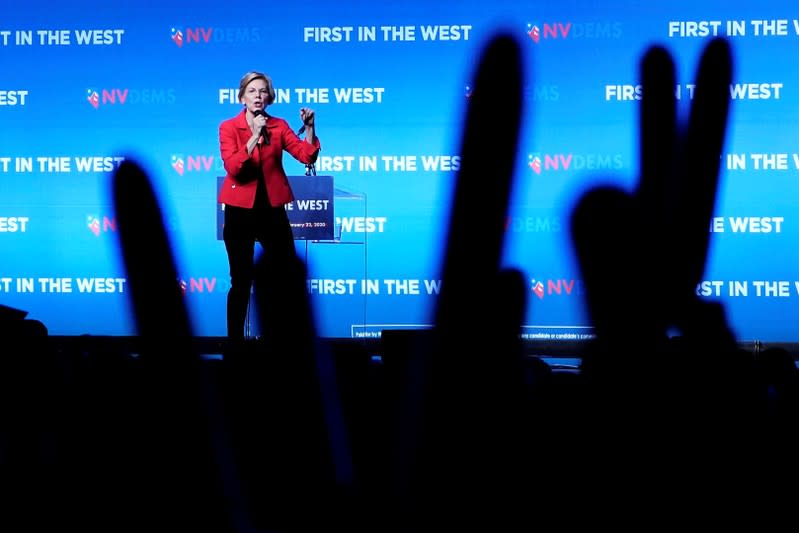 Elizabeth Warren appears on stage at a First in the West Event at the Bellagio Hotel in Las Vegas