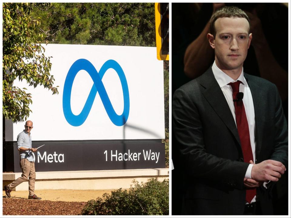 A composition shows a white sign with Meta's "infinity" logo in blue, address 1 Hacker Way. And Mark Zuckerberg, darkly lit, wears a black suit and red tie while adjusting his cuffs.