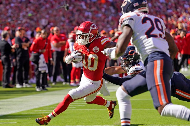 Kansas City Chiefs running back Isiah Pacheco (L) is my No. 7 option for Week 7. File Photo by Jon Robichaud/UPI