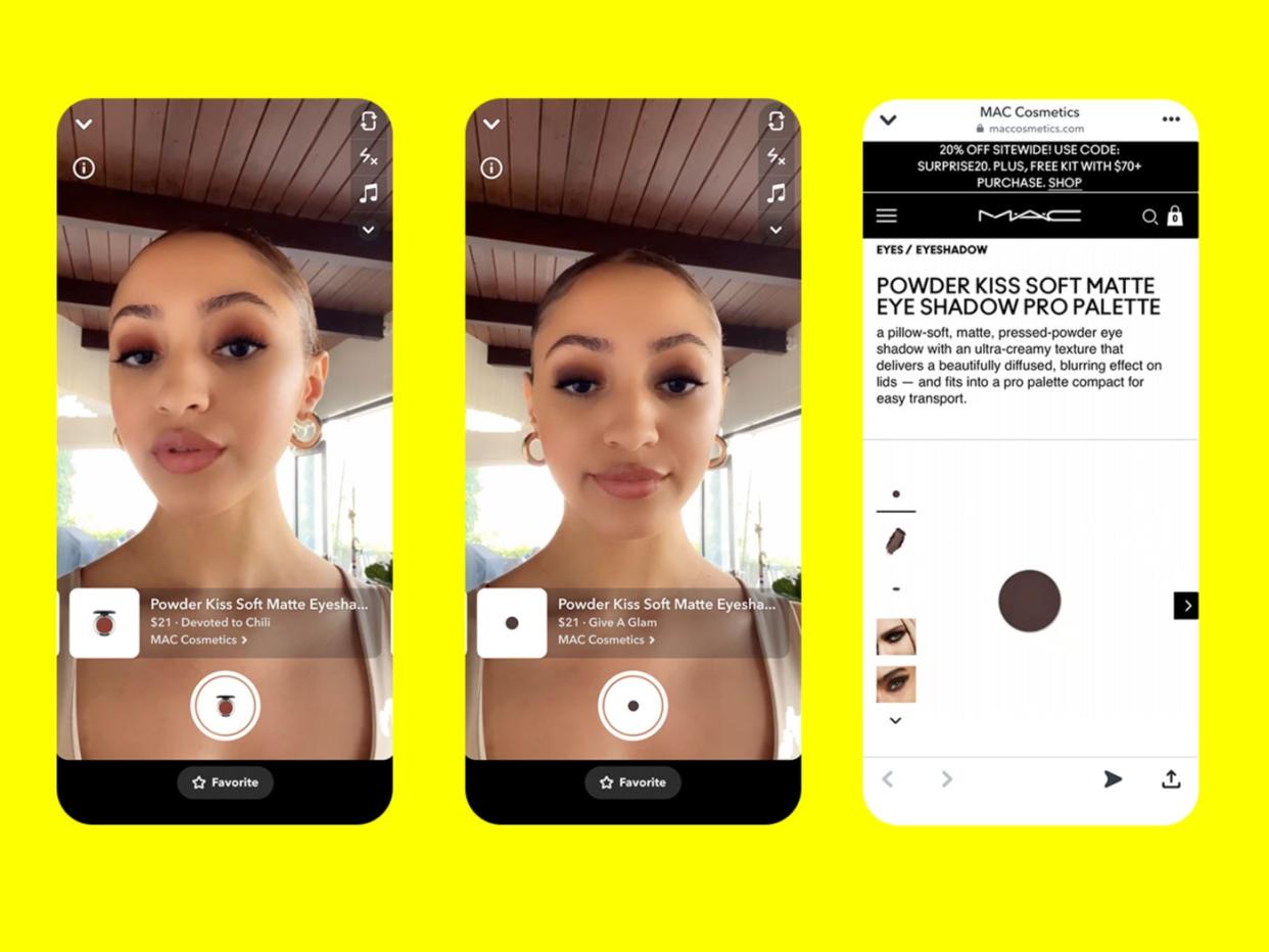 Snapchat’s new dynamic AR lenses allow users to ‘try on’ MAC makeup products and buy them through the app (Snap)