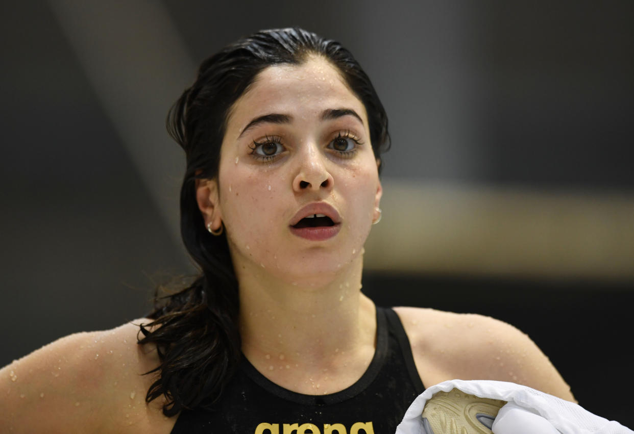 Swimming - DSV Olympic Qualification - Europa Sportpark, Berlin, Germany - April 17, 2021  Yusra Mardini after qualifying for the Olympics REUTERS/Annegret Hilse