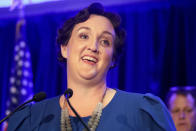 FILE - In this Nov. 6, 2018, file photo, Katie Porter speaks during an election night event in Tustin, Calif. The potential ascendancy of Sen. Kamala Harris to the vice presidency next year has kicked off widespread speculation about who might replace her if Democrats seize the White House. California Gov. Gavin Newsom is already being lobbied by hopefuls and numerous names are emerging in the early speculation. Rep. Porter has established a national reputation in her short time in Washington and is a prolific fundraiser. (AP Photo/Chris Carlson, File)