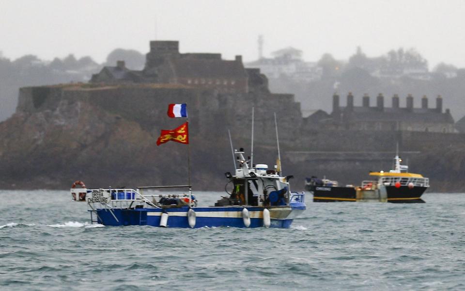 French fishing boats protest in front of the port of Saint Helier off Jersey 