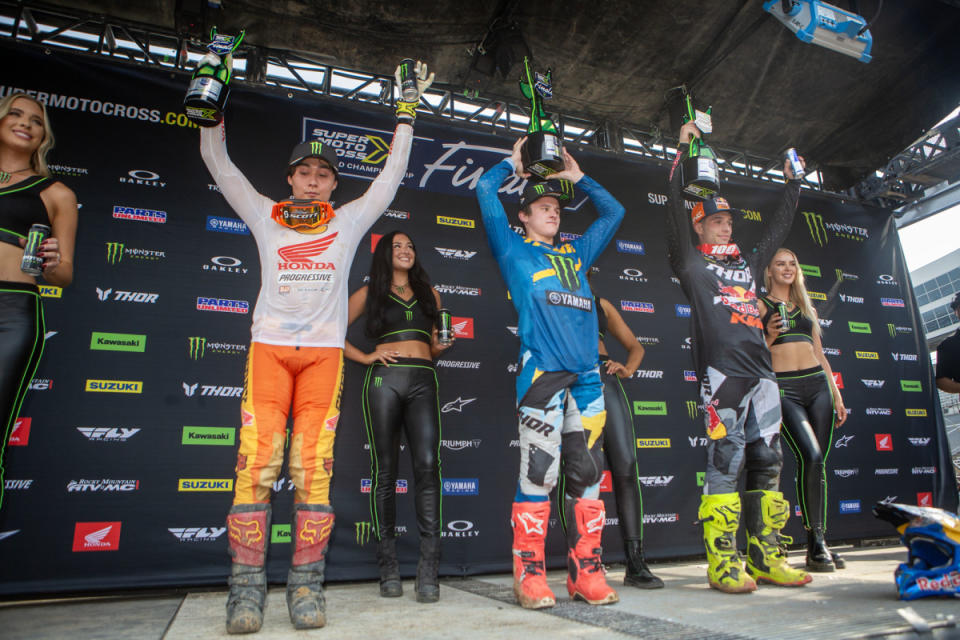 250SMX Podium. (from left to right) Jo Shimoda 3rd, Haiden Deegan 1st, and Tom Vialle 2nd.<p>Photo Courtesy of BrownDogWilson</p>