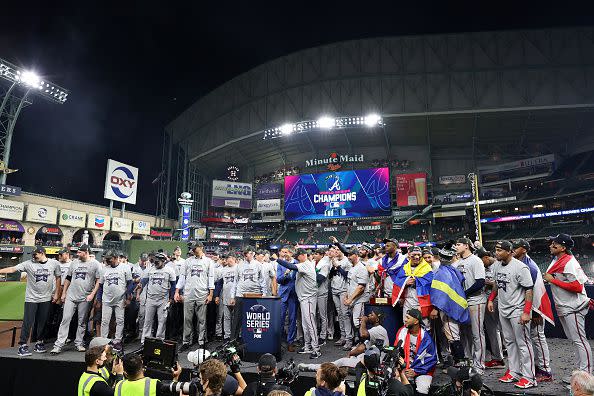 HOUSTON, TEXAS - NOVEMBER 02:  The Atlanta Braves celebrate their 7-0 victory against the Houston Astros in Game Six to win the 2021 World Series at Minute Maid Park on November 02, 2021 in Houston, Texas. (Photo by Carmen Mandato/Getty Images)