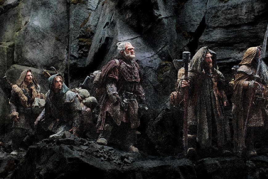FILE - This publicity film image released by Warner Bros., shows, from left: Dean O'Gorman as Fili; Aidan Turner as Kili; Mark Hadlow as Dori; Jed Brophy as Nori; and William Kircher as Bifur, in a scene from the fantasy adventure "The Hobbit: An Unexpected Journey." Filmmaker Peter Jackson's decision to shoot his epic three-part J.R.R. Tolkien prequel in the super-clear format that boosts the number of frames per second to 48 from the current standard, 24, has some unintended consequences. (AP Photo/Warner Bros, File)