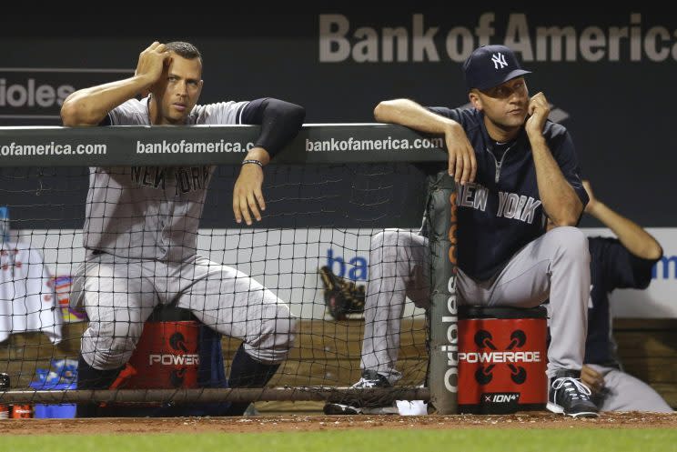 Former Yankees teammates Derek Jeter and Alex Rodriguez haven’t buried the hatchet. (AP)