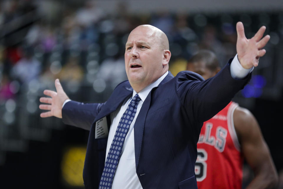 Chicago Bulls coach Jim Boylen questions a call during the first half of the team's NBA preseason basketball game against the Indiana Pacers in Indianapolis, Friday, Oct. 11, 2019. (AP Photo/Michael Conroy)