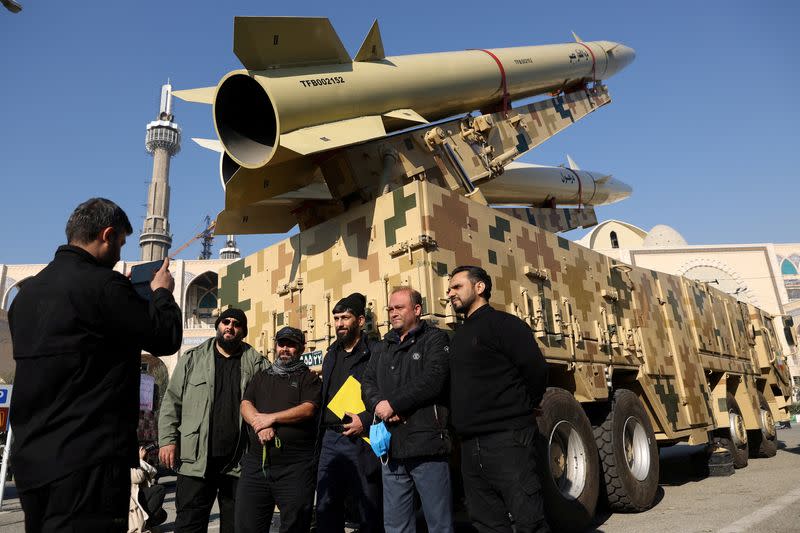 FILE PHOTO: Exhibition displaying missiles of the kind used during Iran's retaliatory strike on the U.S Ayn al-Asad military base in 2020 are seen on display at Imam Khomeini Grand Mosalla in Tehran