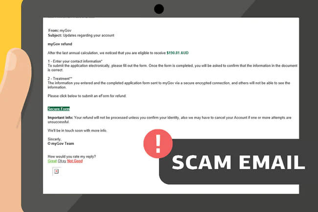 An infographic of the scam email sent to Centrelink recipients purporting to be from myGov.