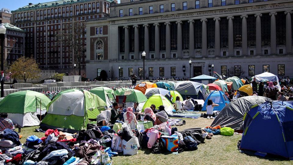 <div>Pro-Palestinian students and activists gather at a protest encampment on the campus of Columbia University in New York City on April 25, 2024. (Credit: LEONARDO MUNOZ/AFP via Getty Images)</div>