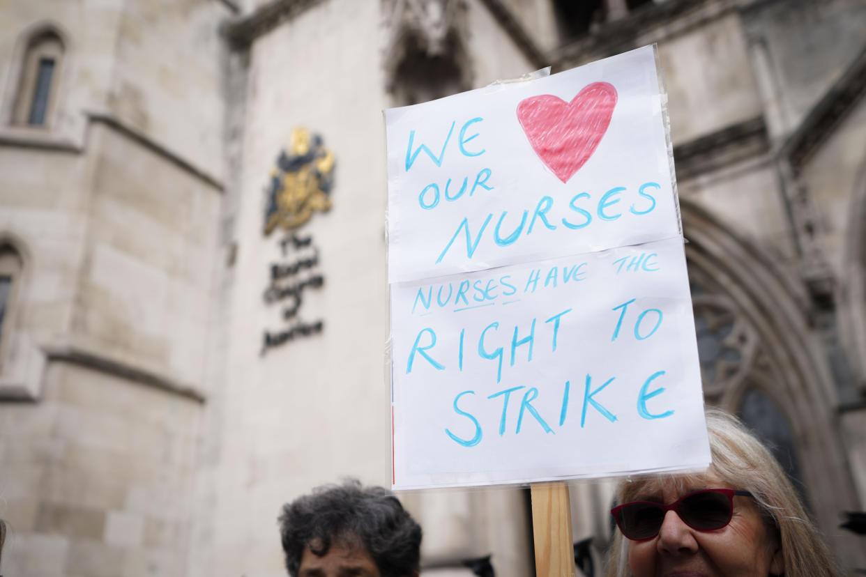 Nurses outside the High Court in central London, where the Government is bringing a challenge over the planned strike action by the Royal College of Nurses (RCN) in the long-running dispute over pay. Health Secretary Steve Barclay has said he was 
