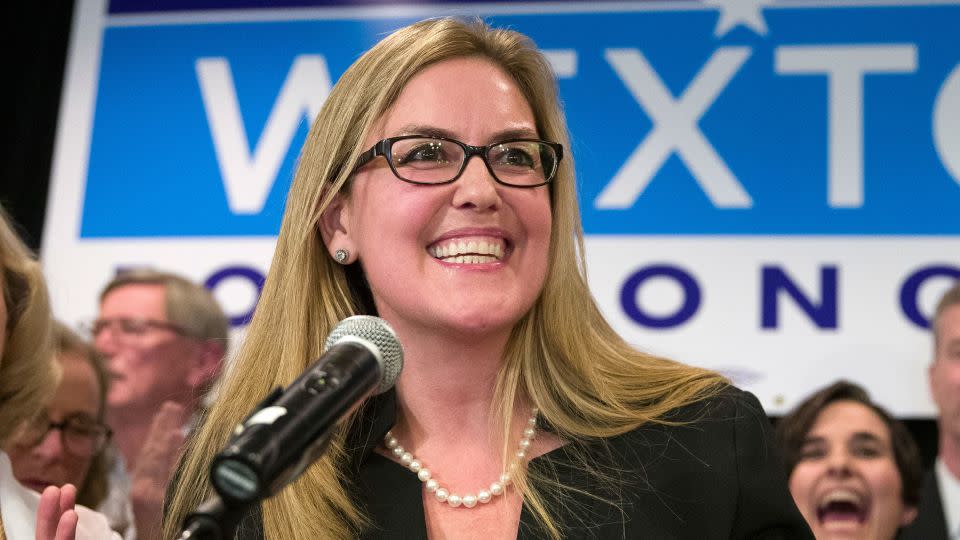 Democrat Jennifer Wexton speaks at her election night party after defeating Rep. Barbara Comstock, on November 6, 2018, in Dulles, Virginia. - Alex Brandon/AP