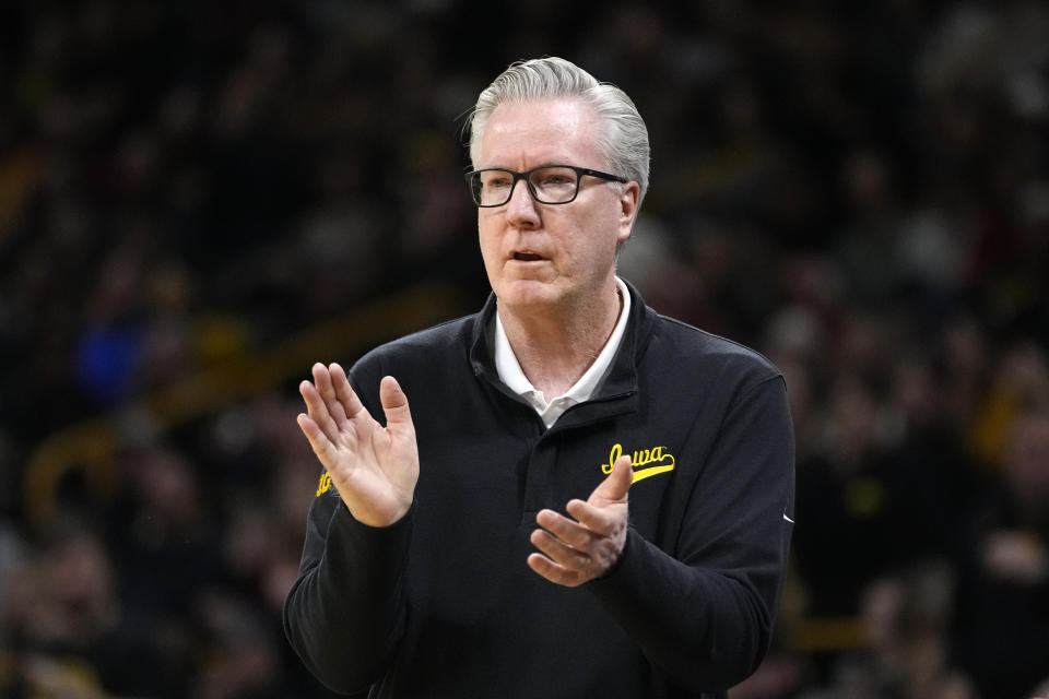 Iowa head coach Fran McCaffery reacts during the first half of an NCAA college basketball game against Iowa State, Thursday, Dec. 8, 2022, in Iowa City, Iowa. (AP Photo/Charlie Neibergall)