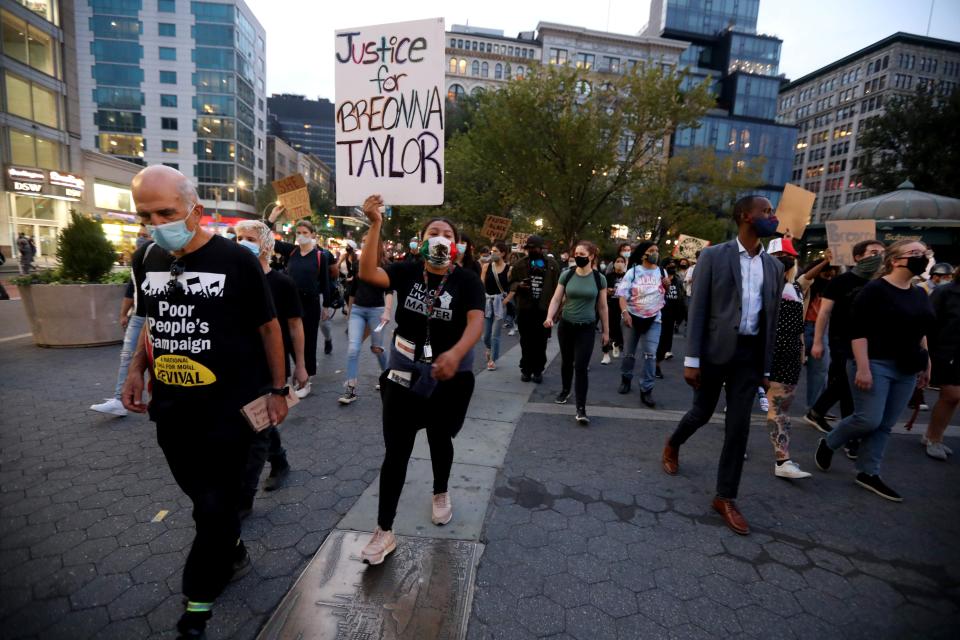 About one-hundred people held a peaceful protest at Union Square in Manhattan Sept. 24, 2020, one day after a grand jury charged only one officer for shooting into a neighboring apartment in the case of Breonna Taylor in Louisville, Kentucky. The protestors held signs calling for justice for Taylor and as well as calling for defunding the police.