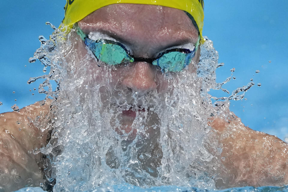 Chelsea Hodges, of Australia, swims in a women's 4x100-meter medley relay heat at the 2020 Summer Olympics, Friday, July 30, 2021, in Tokyo, Japan. (AP Photo/Gregory Bull)