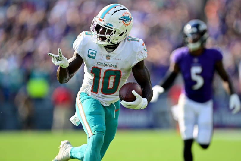 Miami Dolphins star Tyreek Hill (L) is a Top 10 fantasy football wide receiver for Week 1. File Photo by David Tulis/UPI