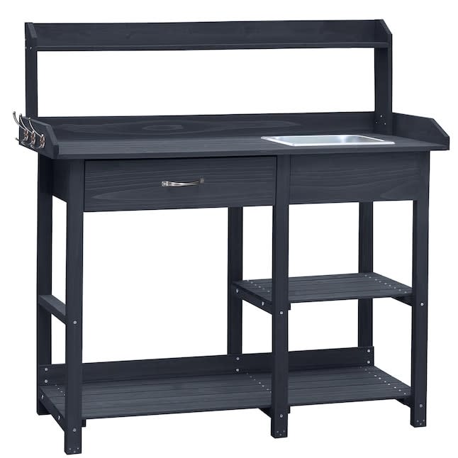 A black wooden potting bench