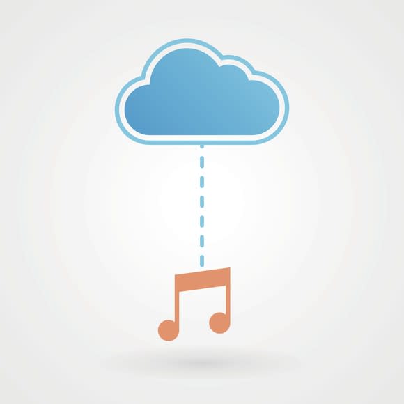 A cloud icon connected to a music note icon by a dotted line.