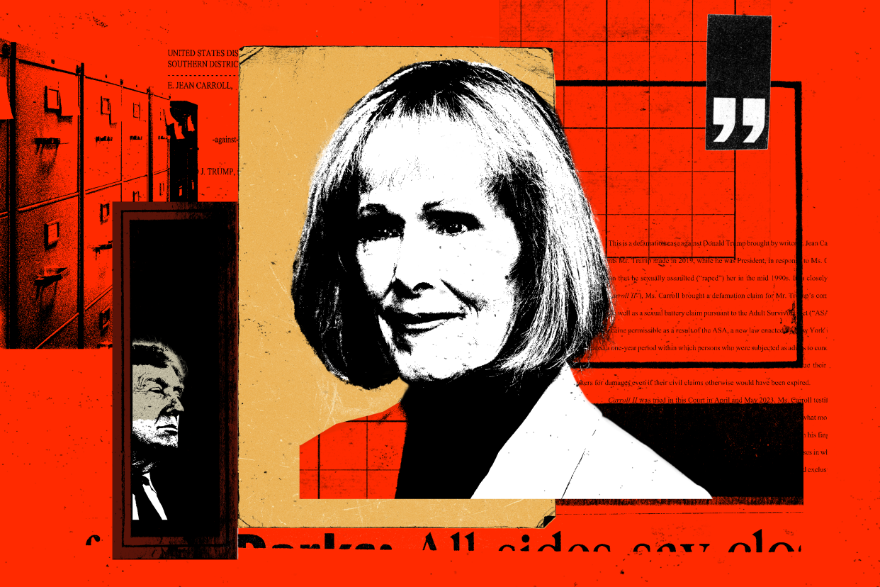 A photo illustration showing a woman and a side view of Donald Trump against a red background with filing cabinets in the background. 