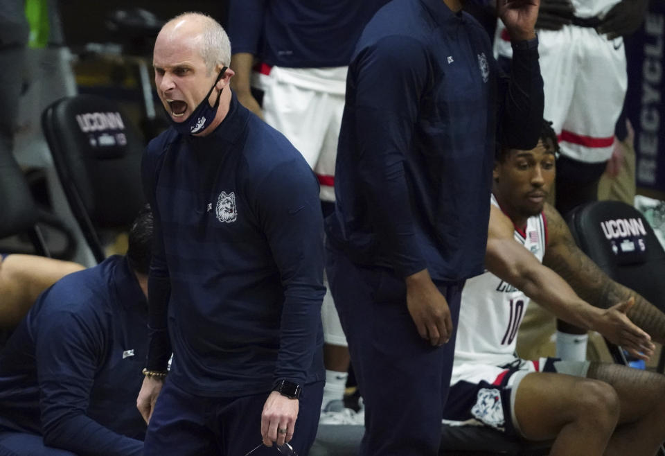 Connecticut head coach Dan Hurley reacts on the sideline in the first half of an NCAA college basketball game against St. John's Monday, Jan. 18, 2021, in Storrs, Conn. (David Butler II/Pool photo via AP)