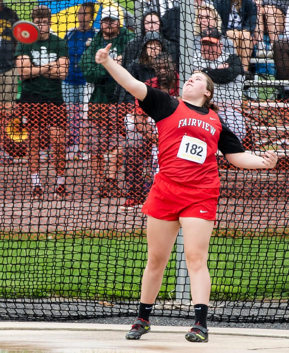 Fairview's Mallory Brinling competes in the 2A girls' discus throw at the PIAA Track and Field Championships at Shippensburg University on Friday, May 27, 2022.