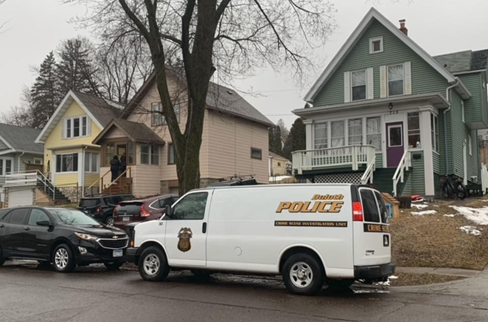 Police respond to a home in Wednesday, April 20, 2022 in Duluth, Minn. Five people were found dead inside the home after police received a report of a male experiencing a mental health crisis, authorities said. The dead included the male reported to be in crisis. (Christa Lawler/Star Tribune via AP)