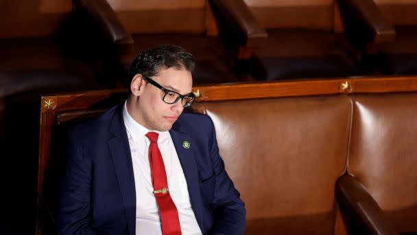 PHOTO: Rep. George Santos (R-NY) watches proceedings during the fourth day of elections for Speaker of the House at the Capitol Building on Jan. 06, 2023 in Washington, DC. (Anna Moneymaker/Getty Images)