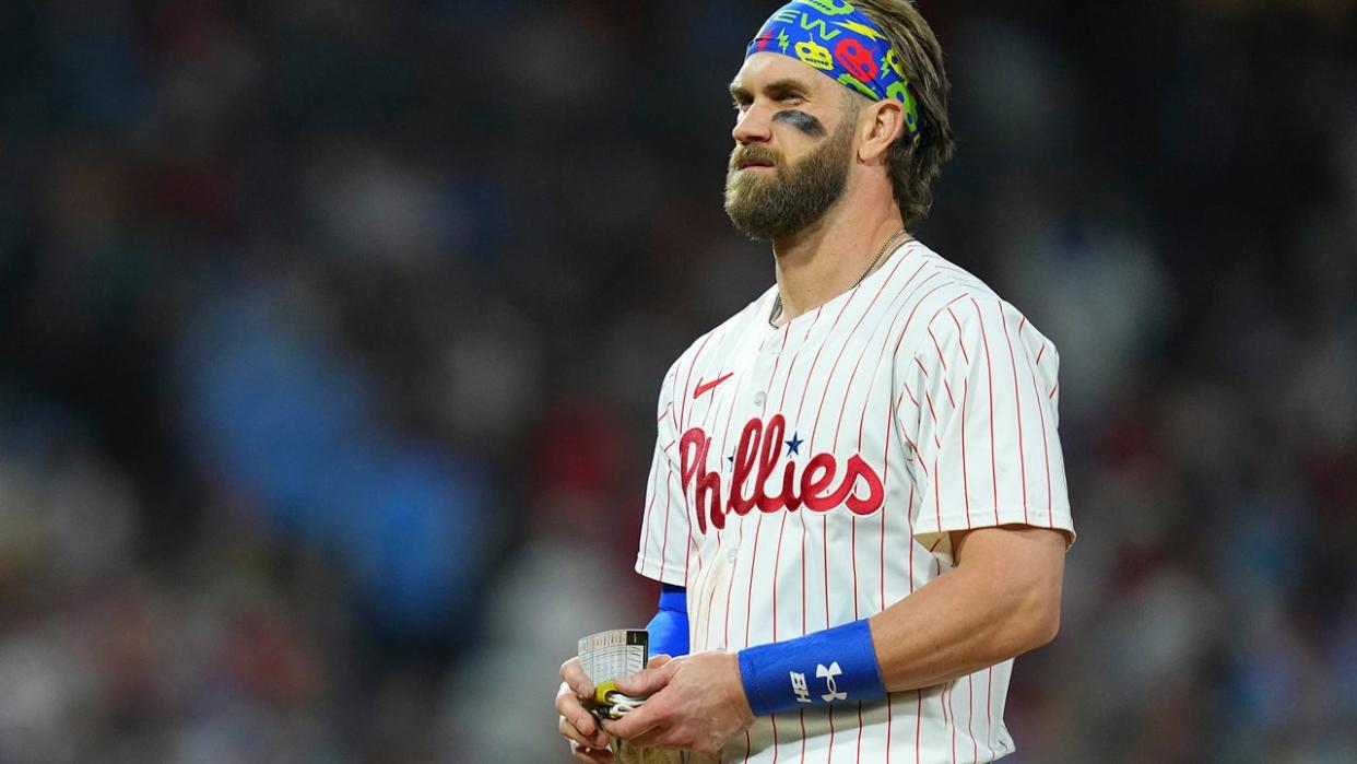 <div>PHILADELPHIA, PENNSYLVANIA - APRIL 20: Bryce Harper #3 of the Philadelphia Phillies looks on against the Chicago White Sox at Citizens Bank Park on April 20, 2024 in Philadelphia, Pennsylvania. The Phillies defeated the White Sox 9-5. (Photo by Mitchell Leff/Getty Images)</div>