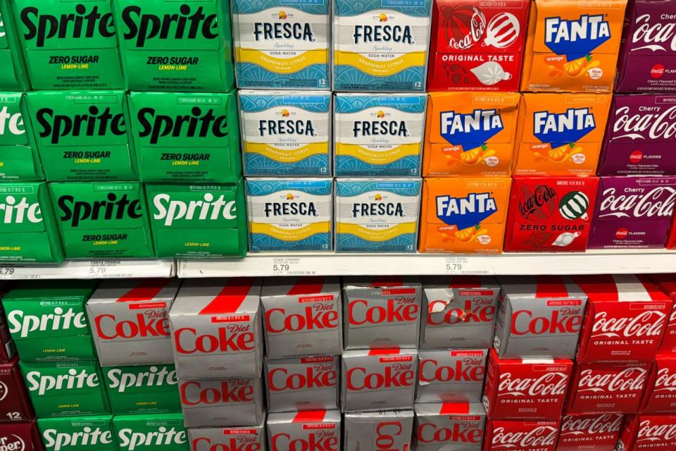 PHOTO: Soda packaging are seen at the grocery store in Las Vegas, Nov. 17, 2023.  (Jakub Porzycki/NurPhoto via Getty Images)